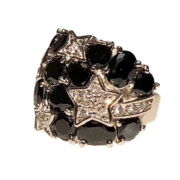 STERLING SILVER BLACK & CLEAR CRYSTALS NIGHT SKY WITH STARS COCKTAIL RING SIZE 7 - Picture 5 of 16